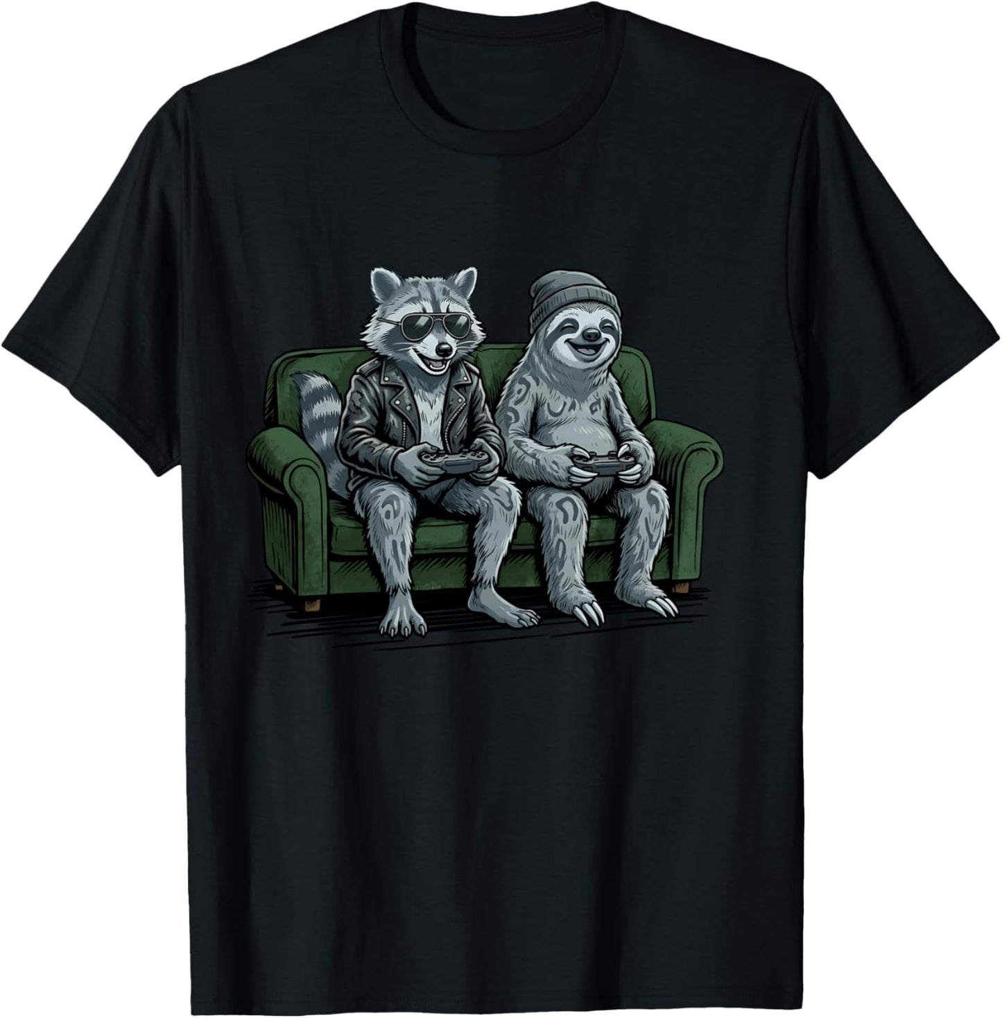 Faultier mit Waschbär Video Spiele beim Gaming Jungen Gamer Langarmshirt T-Shirt - T-Shirt | Black