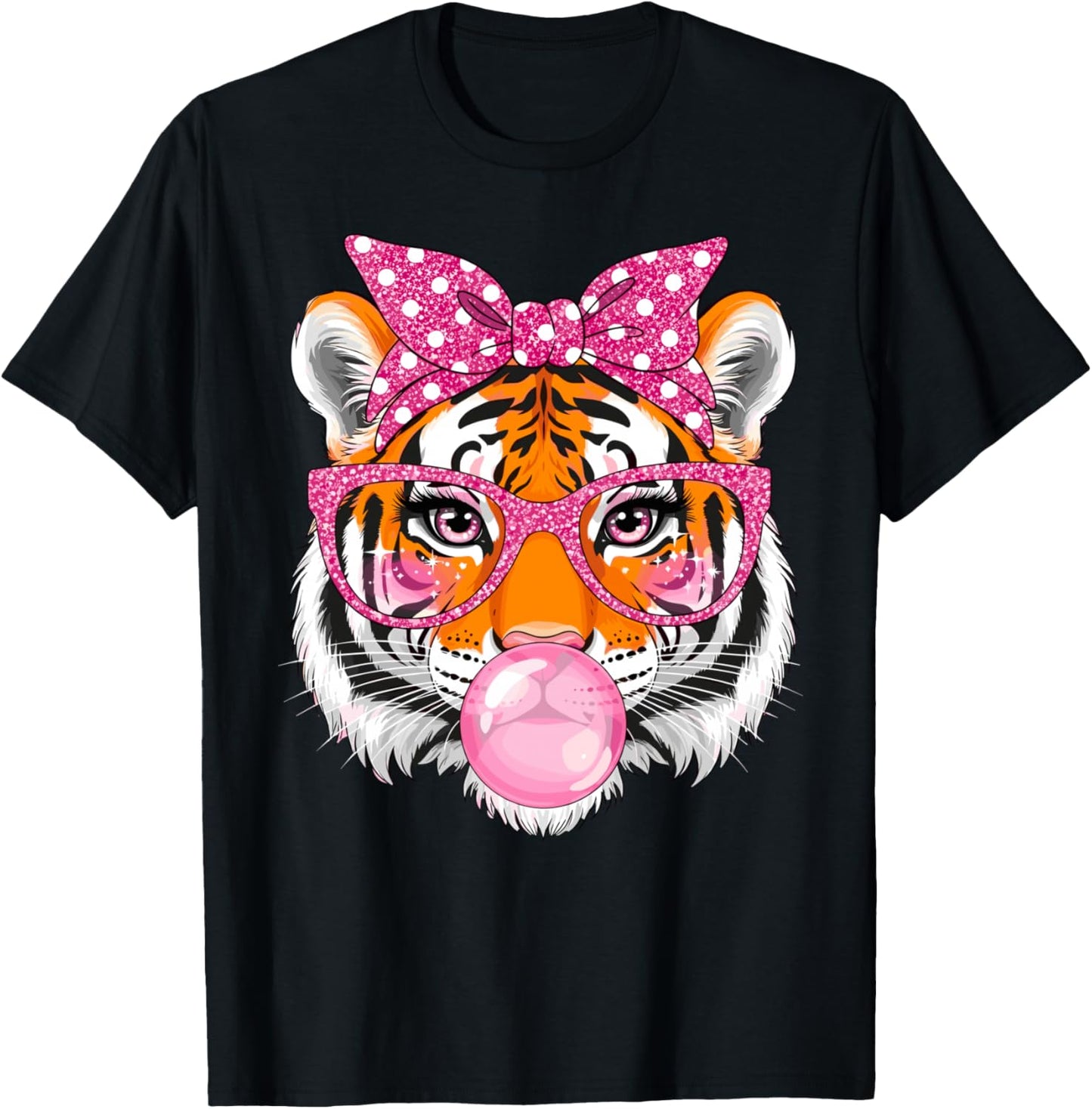 Tiger with Glasses Bubblegum and Pink Bow T-Shirt - T-Shirt | Black