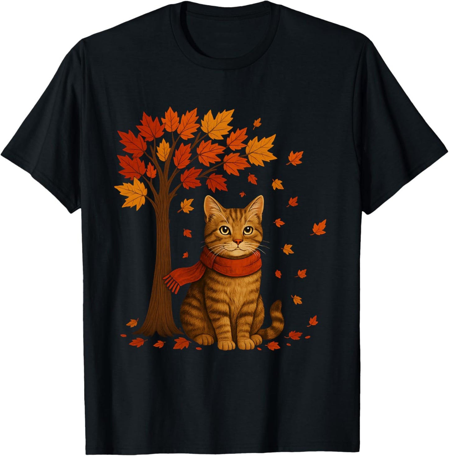 Autumn Cat Illustration with Falling Leaves for Everyone T-Shirt - T-Shirt | Black