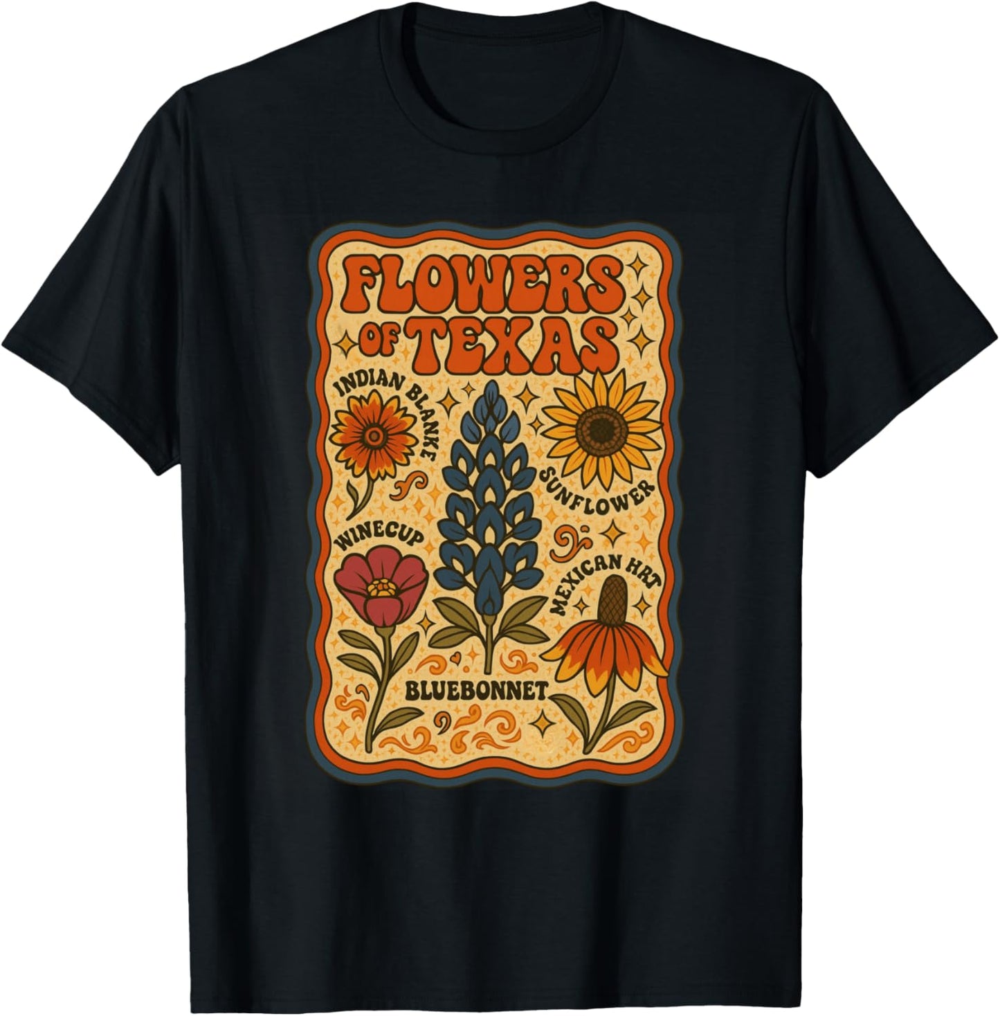 Flowers of Texas Retro Floral Wildflowers T-Shirt - T-Shirt | Black