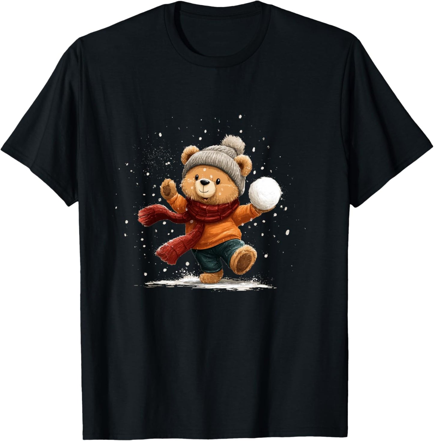 Joli Ours en Peluche avec Chapeau d'hiver et châle pour batailles de Boules de Neige Manche Longue T-Shirt - T-Shirt | Black