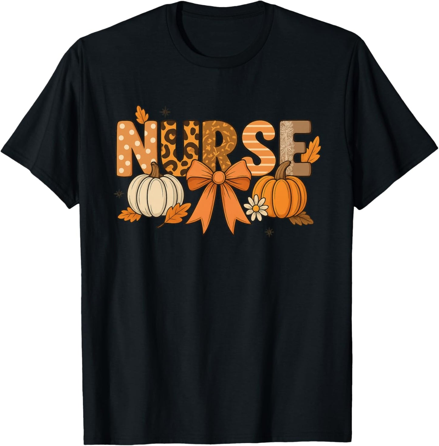 Fall Nurse Pumpkin Leopard Print Autumn Thanksgiving T-Shirt - T-Shirt | Black