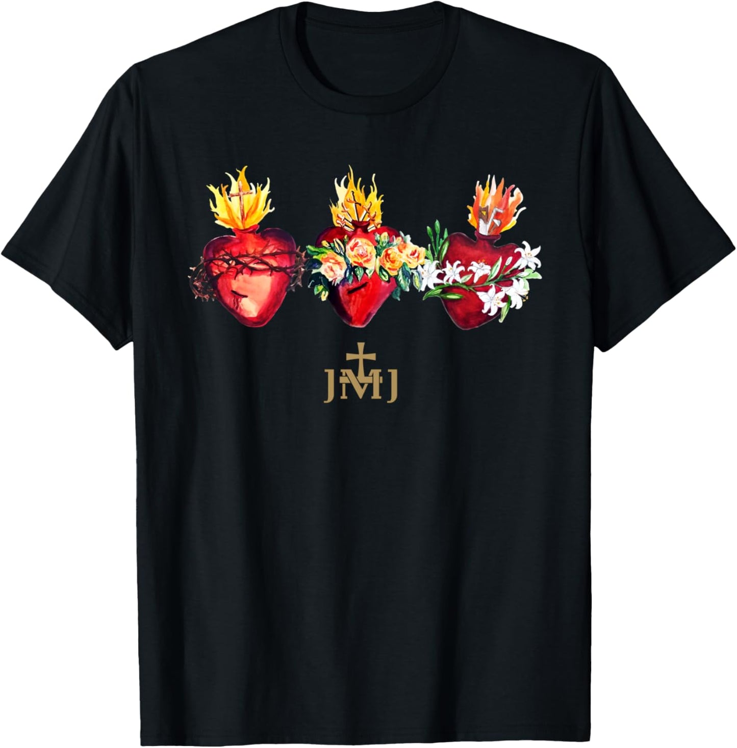 Three Sacred Hearts of Jesus Mary Joseph JMJ Catholic T-Shirt - T-Shirt | Black