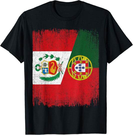 Half Portugal Peru Split Flag Portuguese Peruvian Pride Root T-Shirt - T-Shirt | Black