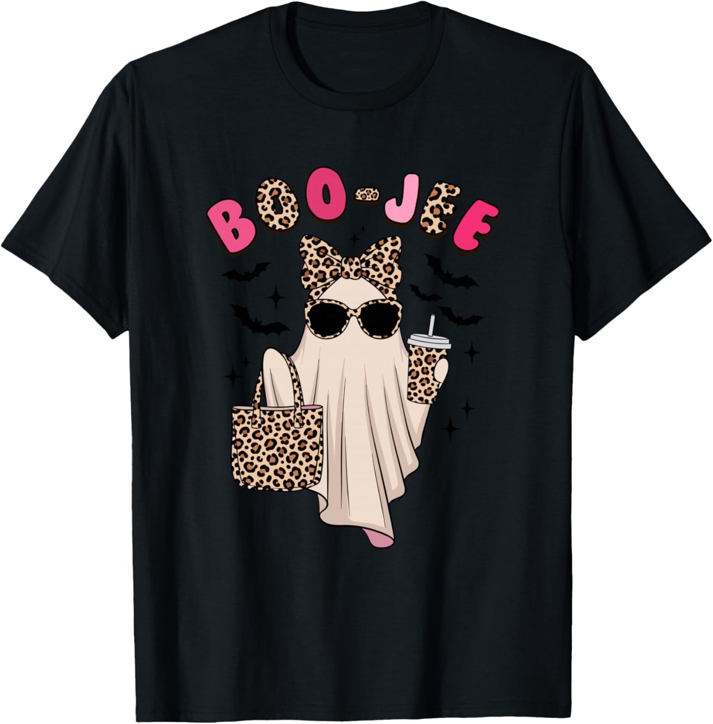 Coquette Leopard Ghost Coffee Boo-Jee Halloween Boujee Ghost T-Shirt - T-Shirt | Black