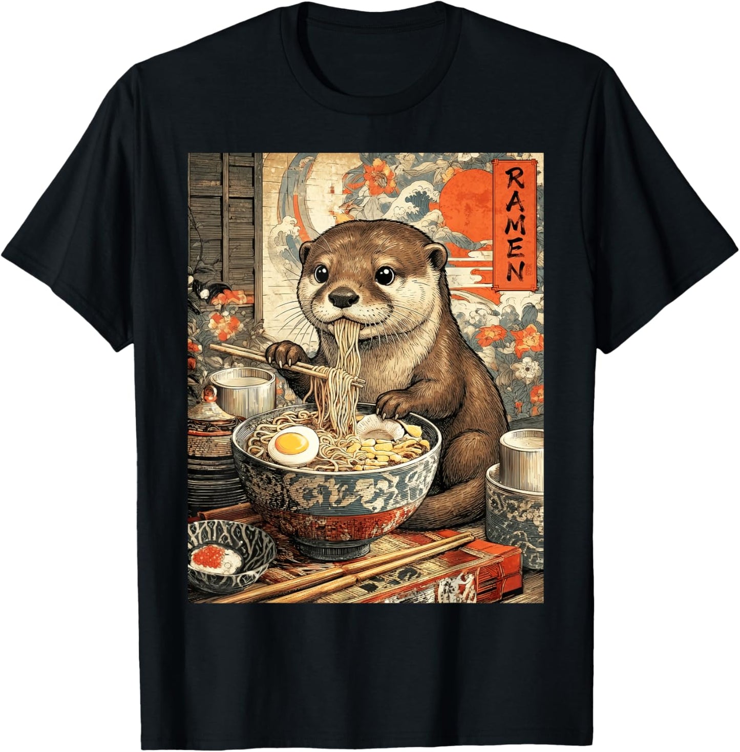 Funny Ramen Otter Anime Otaku Noodles Graphic T-Shirt - T-Shirt | Black