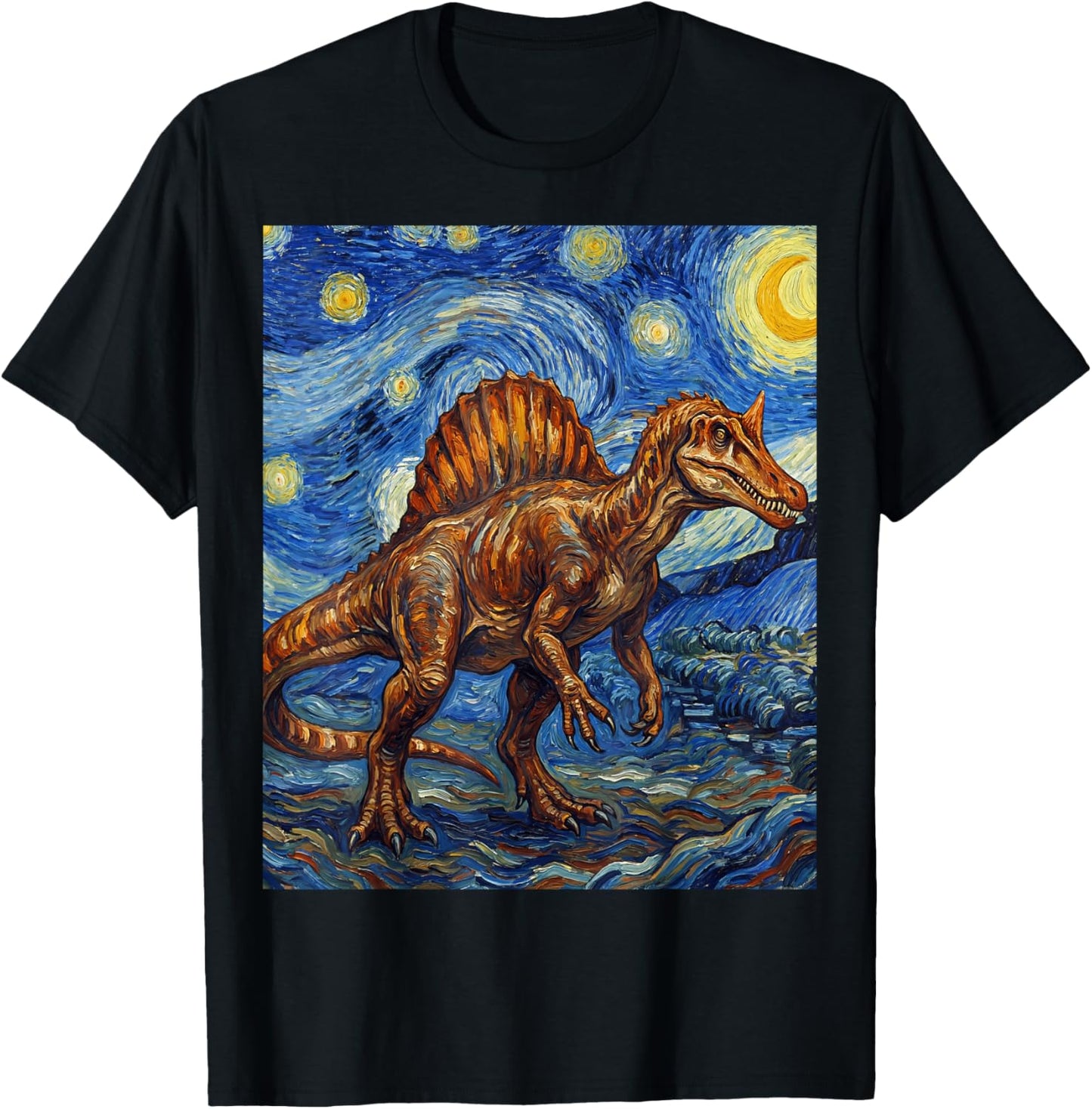 Spinosaurus Mirabilis Starry Night Dinosaur Art Fan T-Shirt - T-Shirt | Black