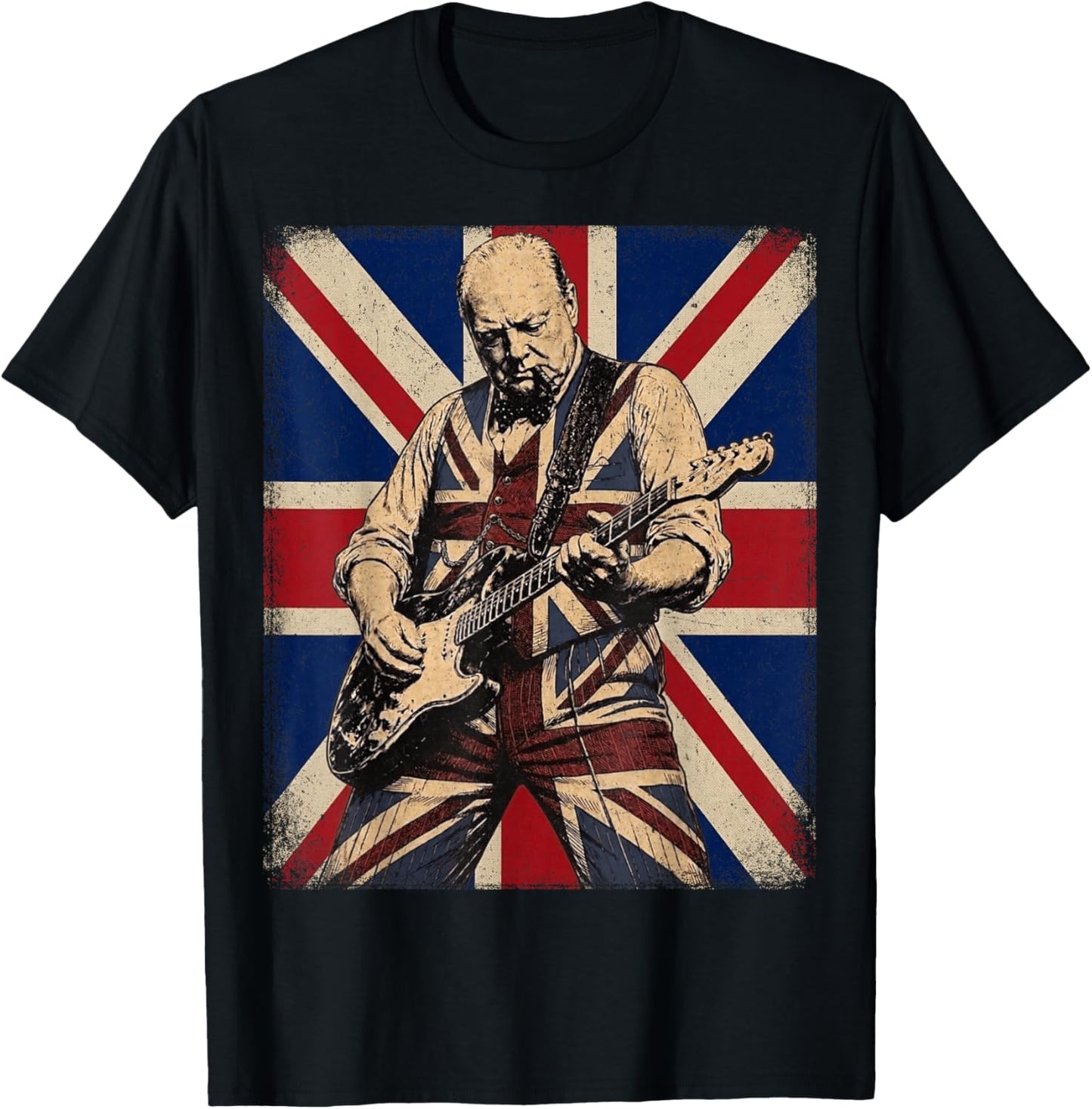 Drapeau Britannique Vintage Boss Winston Churchill Jouant de la Guitare T-Shirt - T-Shirt | Black