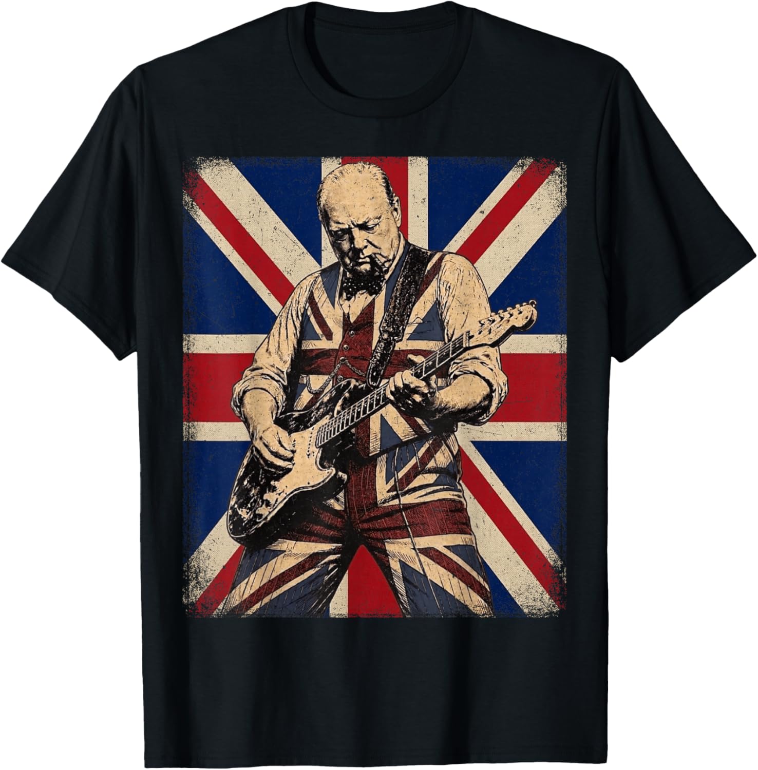 Drapeau Britannique Vintage Boss Winston Churchill Jouant de la Guitare T-Shirt - T-Shirt | Black