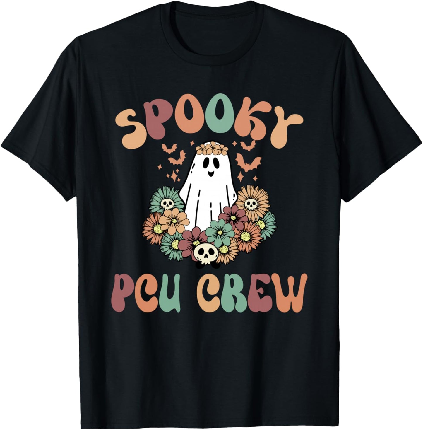 Spooky PCU Crew Floral Ghost Progressive Care Unit Halloween T-Shirt - T-Shirt | Black