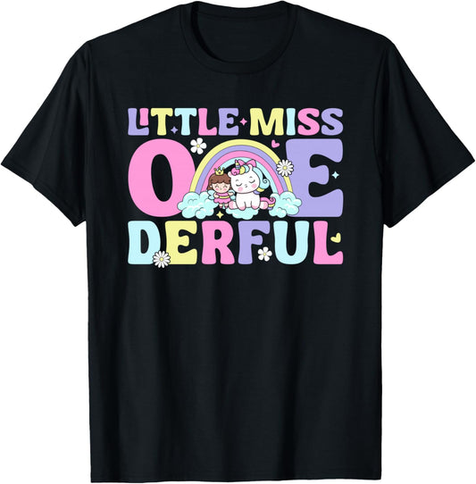 Little Miss Onederful Cute Rainbow Unicorn 1st Birthday Girl T-Shirt - T-Shirt | Black