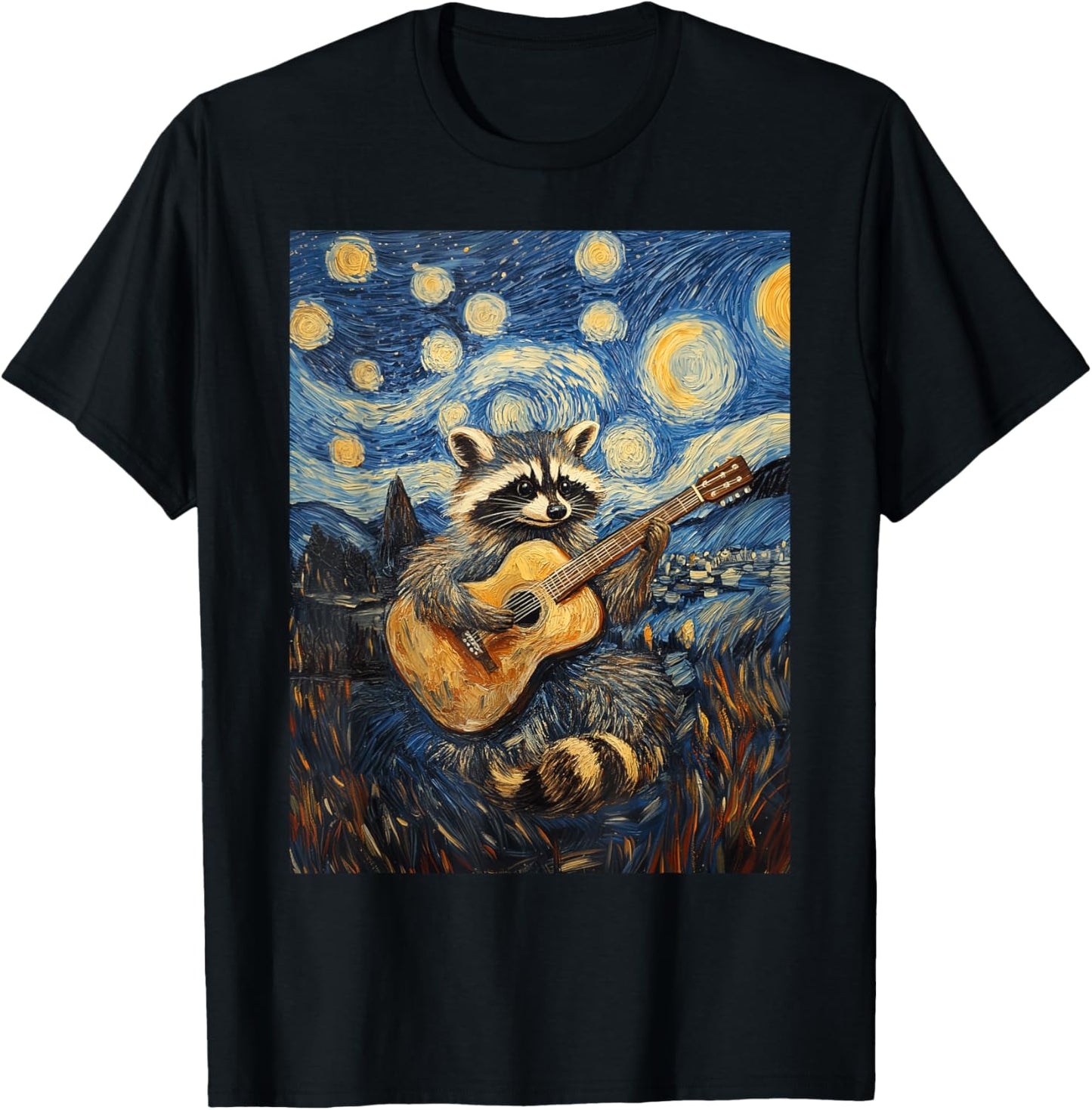 Funny Raccoon Play Guitar Guitarist Starry Night Van Gogh T-Shirt - T-Shirt | Black