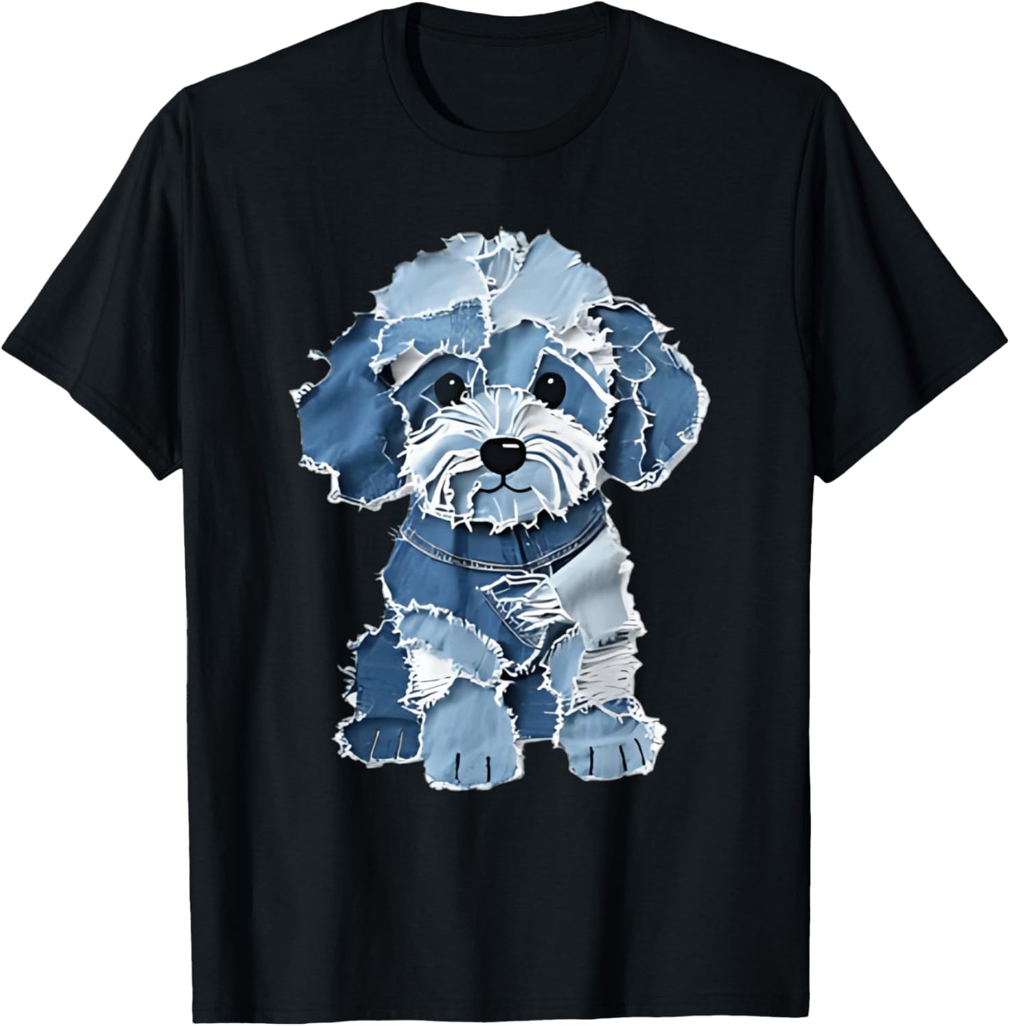 Cute Denim Patchwork Puppy Dog Art T-Shirt - T-Shirt | Black
