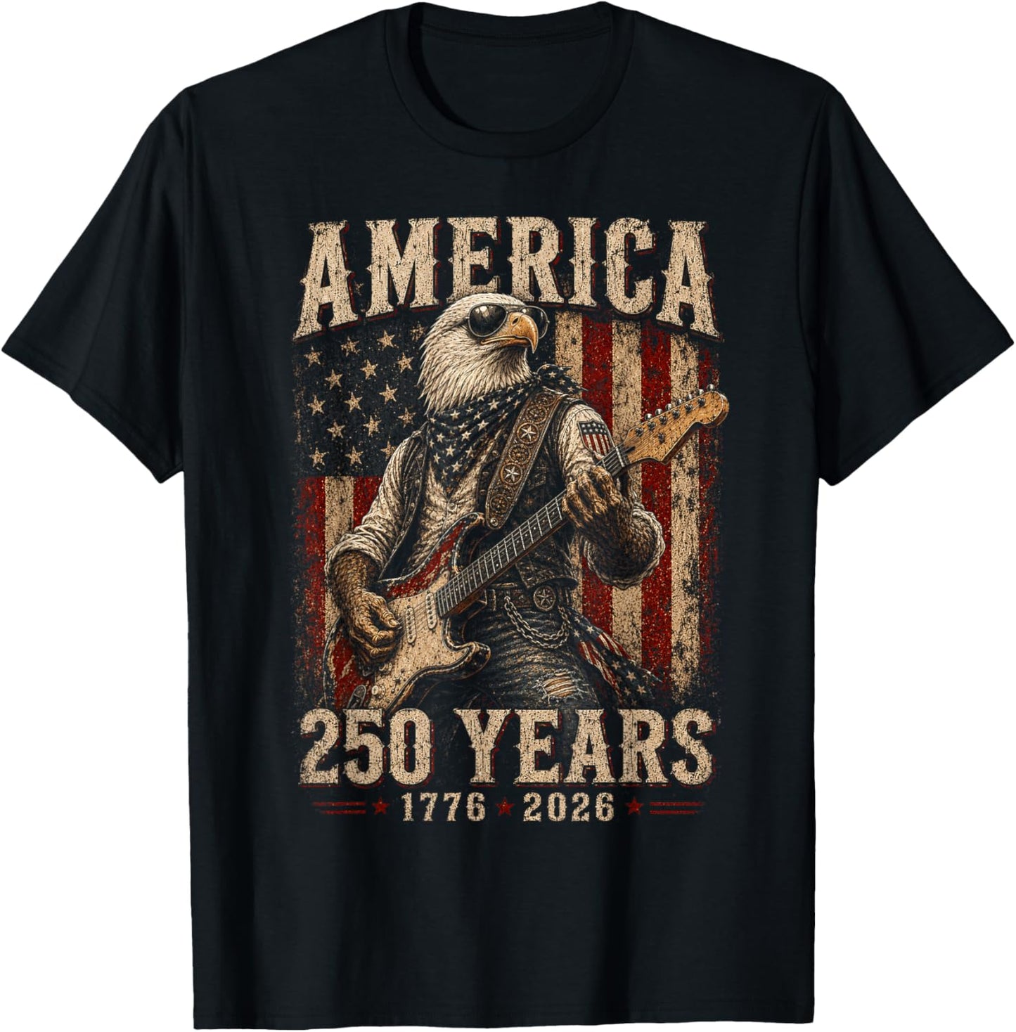 Vintage Eagle Playing Guitar 250 Years America 4th of July T-Shirt - T-Shirt | Black