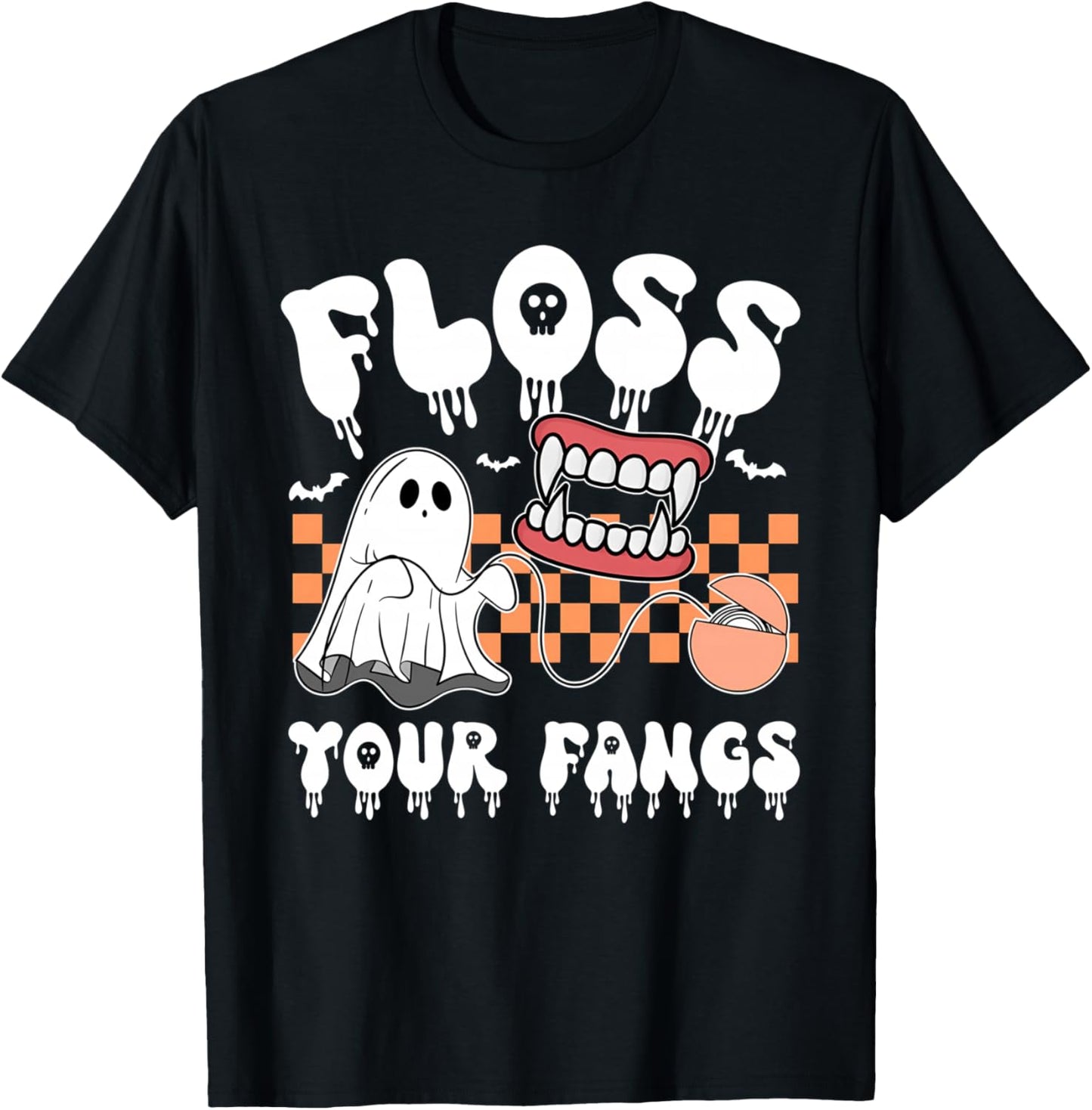 Floss Your Fangs Boo Dental Halloween Spooky Dentist T-Shirt - T-Shirt | Black