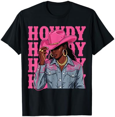 Howdy Black Cowgirl Pink Hat Western Country Rodeo T-Shirt - T-Shirt | Black