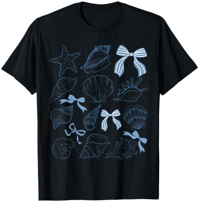 Coquette Bow Seashell Beach Coastal Retro Summer Vibes T-Shirt - T-Shirt | Black