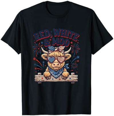 Vintage Cute Red, White and Moo Funny 4th of July T-Shirt - T-Shirt | Black