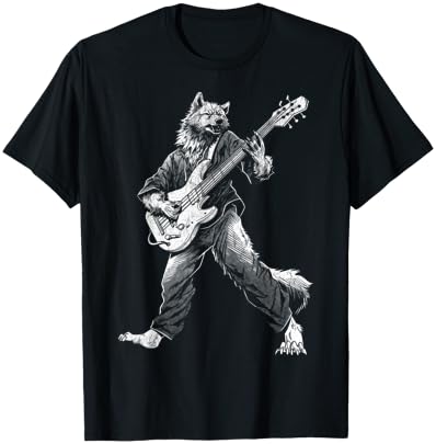 Rocking Wolf with Guitar Rock and Roll Vintage ROCK Music T-Shirt - T-Shirt | Black
